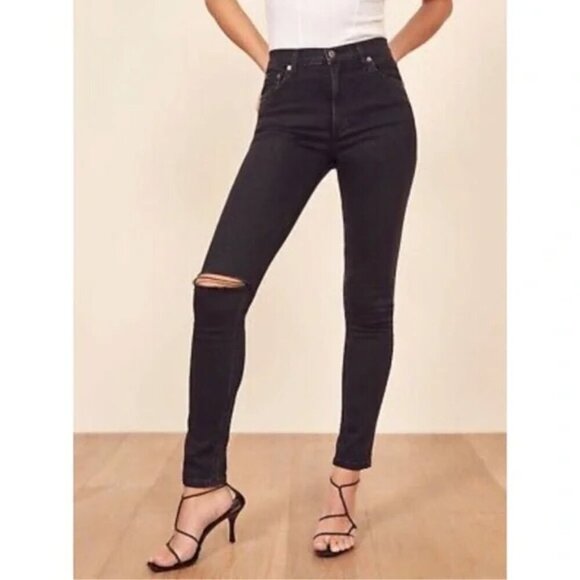 Reformation High Waist Skinny Faded Black Destroyed Jeans Size 26 - Picture 3 of 13